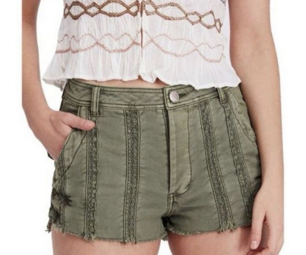 Free People Olive Green Great Expectations Lace Trim Button Fly Short Boho Sz 12
